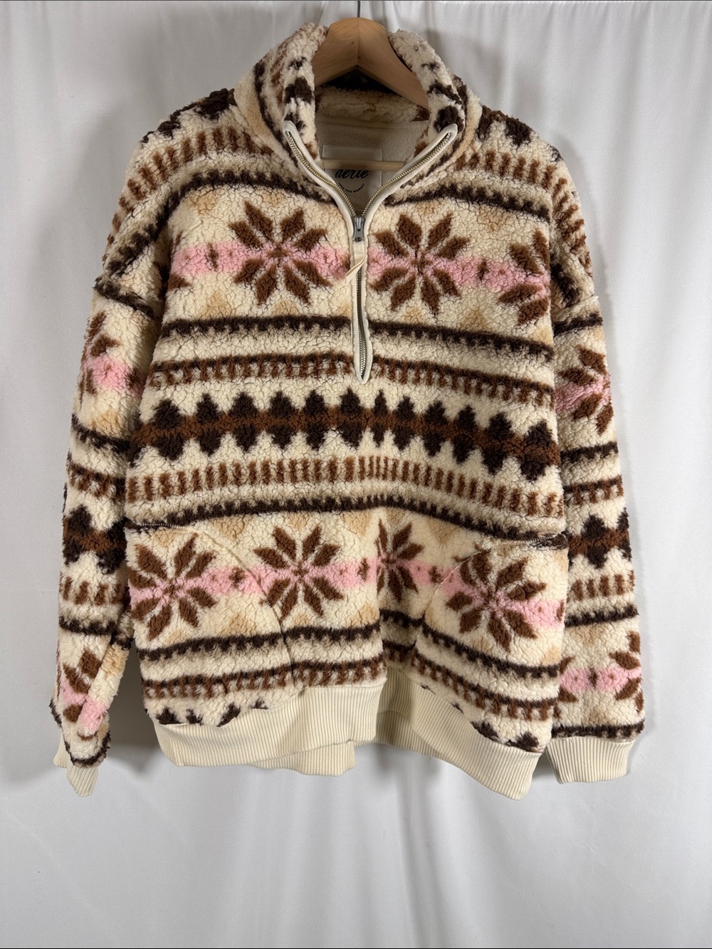 aerie Cream Sherpa Half-Zip Pullover with Pink & Brown Fair Isle